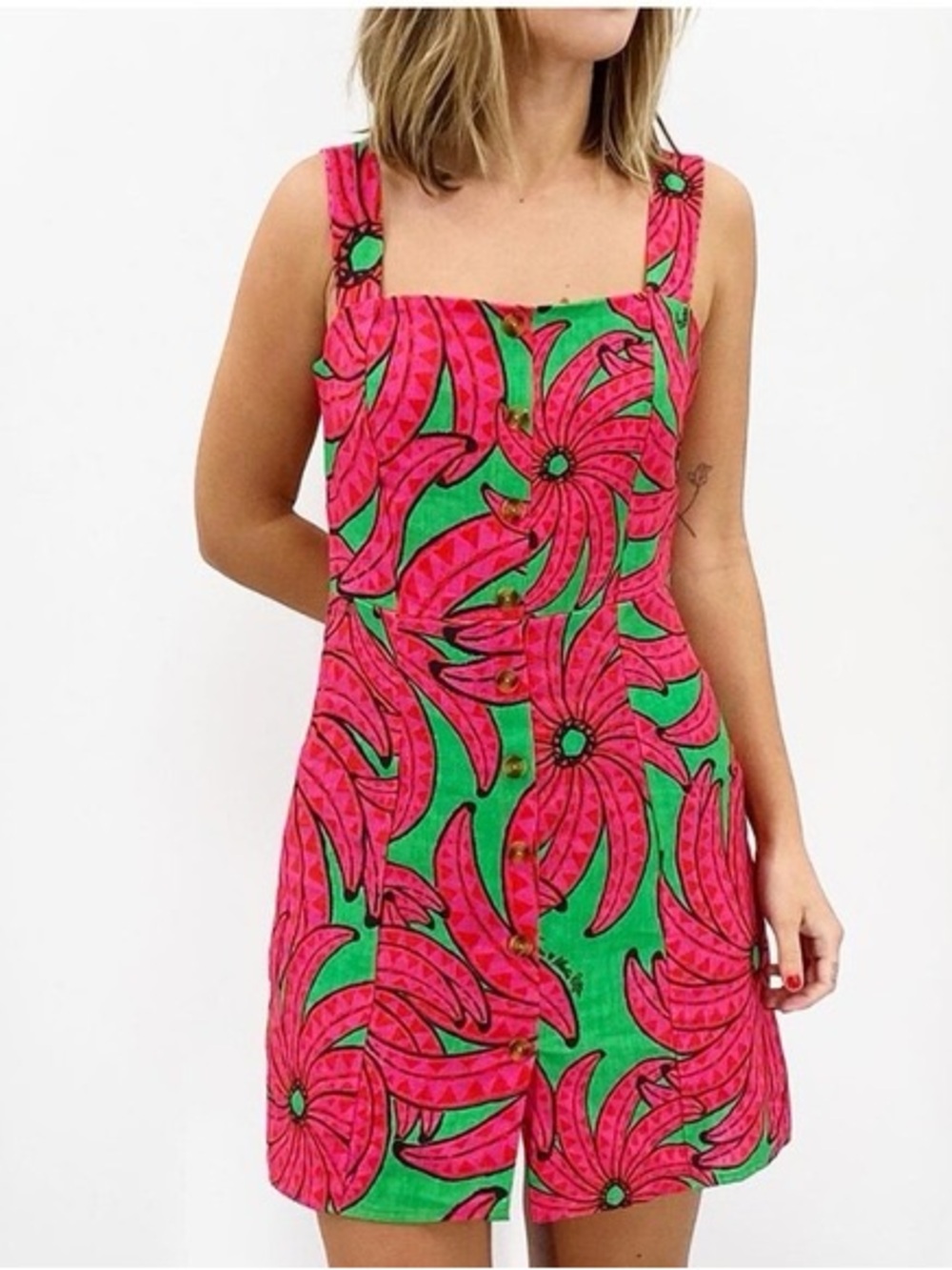 Farm Rio Banana Alberto Pitta 100% Linen Mini Dress - Green Pink Fruit - Size S